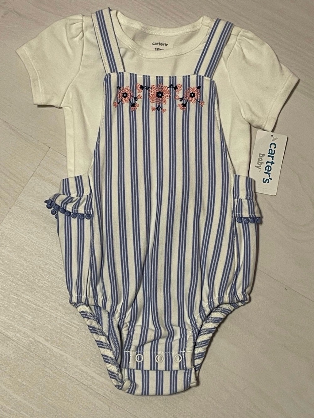 Carter's White Tee with Blue Striped Embroidered Bubble Romper